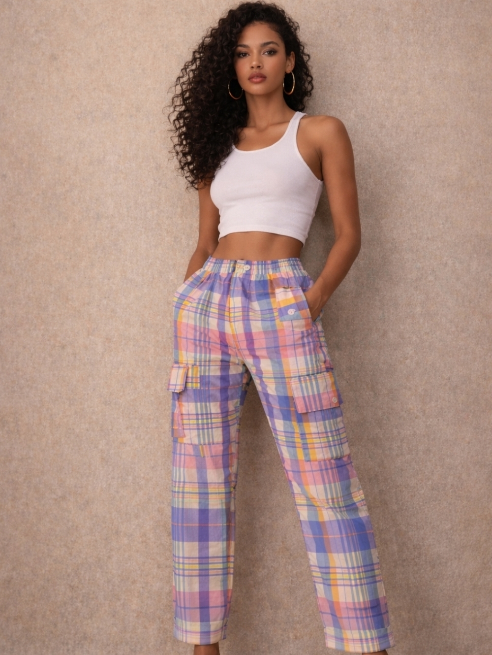 Plaid Straight-Leg Cargo Pants in Pastel Multi